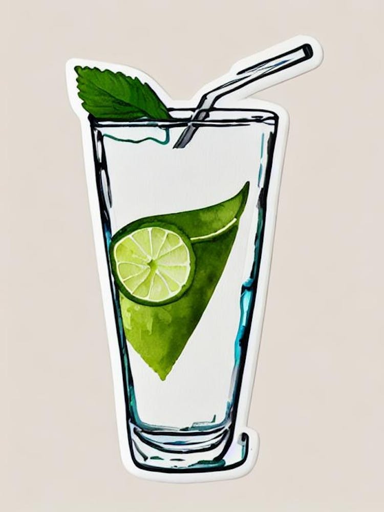 Mojito Minimal Line Drawing With Watercolour Cocktail Poster
