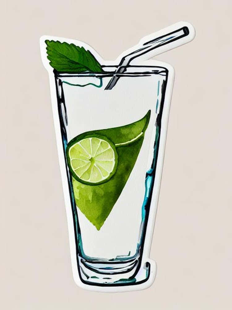 Mojito Minimal Line Drawing With Watercolour Cocktail Poster