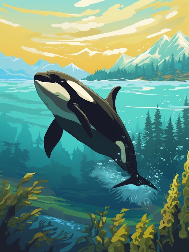 Modern Graphic Design Orca Whale With Icy Mountains