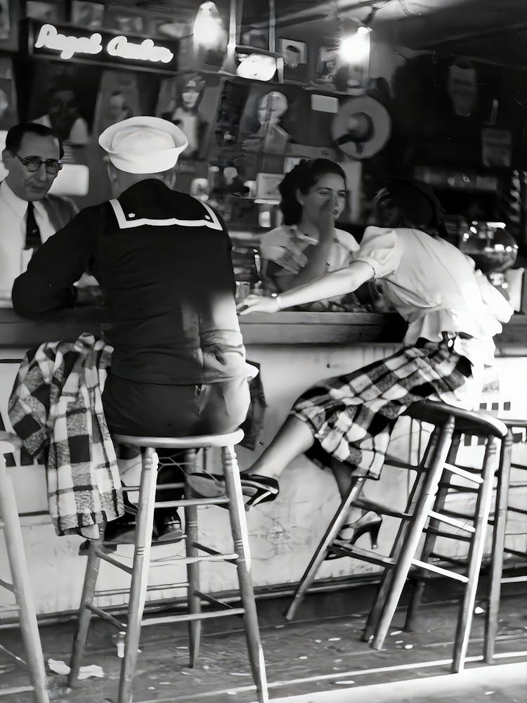 Woman And Sailor At Bar Wall Art, Black And White Print, Vintage Photography, Alcohol Poster, Bar Cart Print, Retro Wall Decor