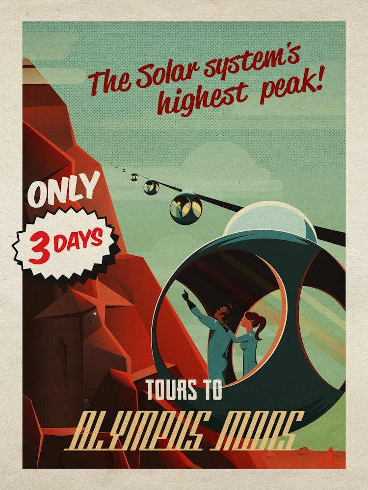 Mars, Tours to Olympus mons — Vintage retro space poster, retrofuturism poster, retro space, propaganda poster