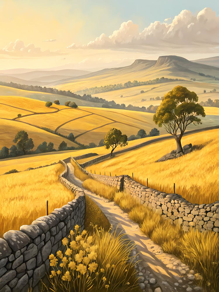 Golden Fields With Stone Walls And Distant Hills