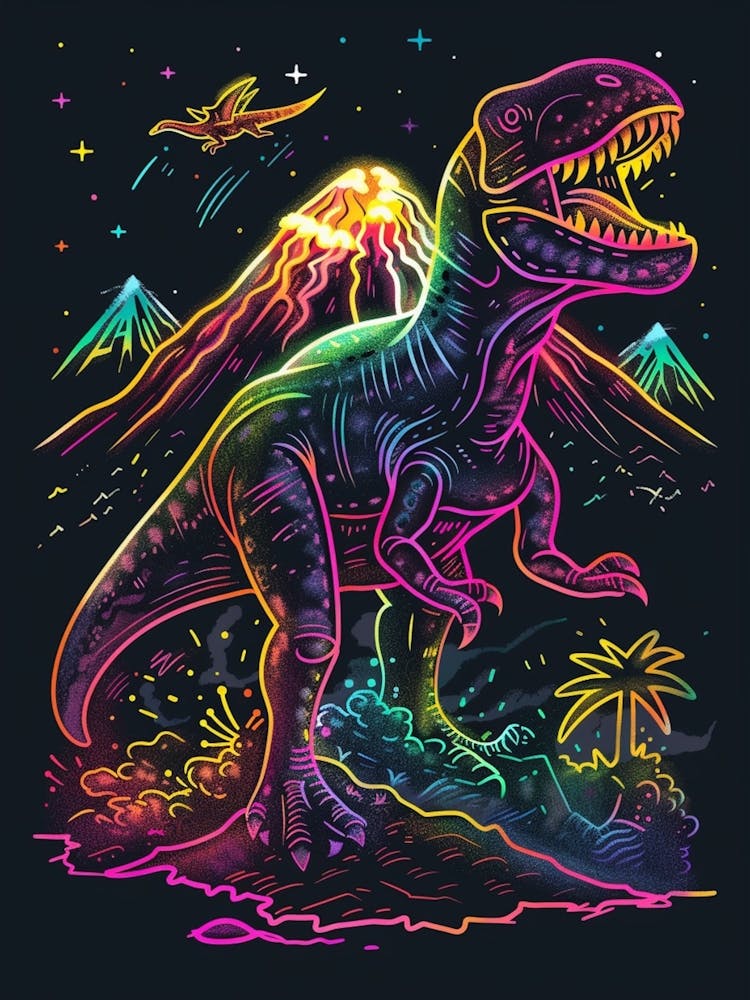 Neon Dinosaur With Volcano 2