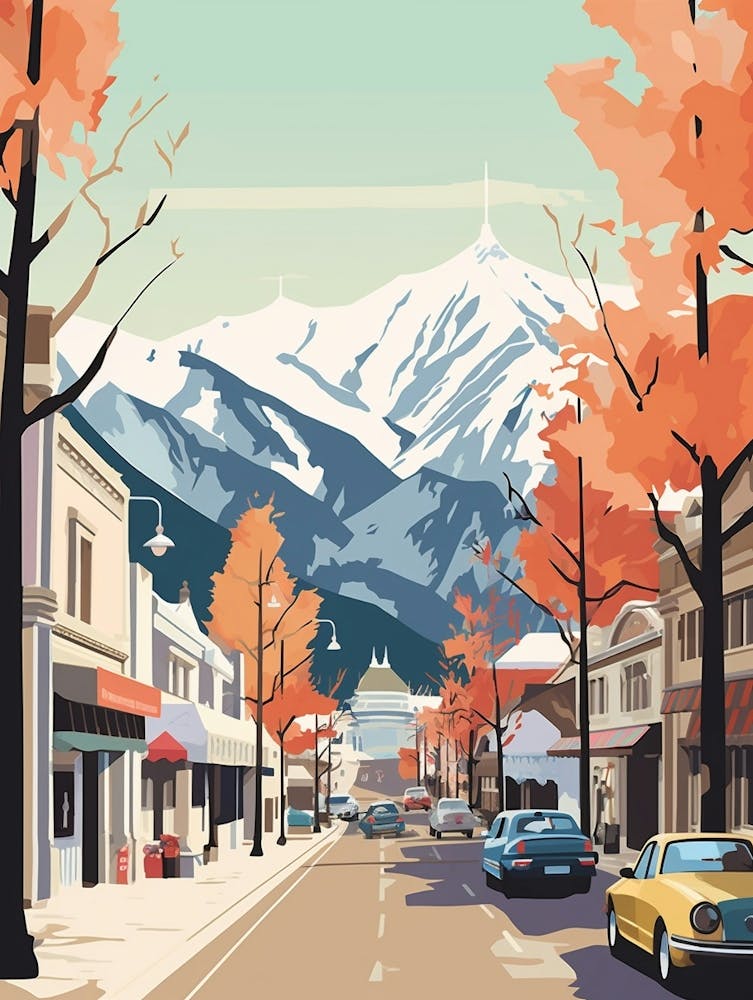 Vintage Winter Travel Illustration Queenstown New Zealand 1