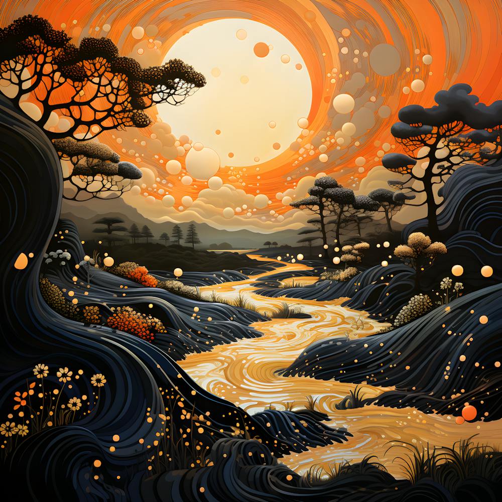 Celestial River – Psychedelic Landscape With Glowing Stream, Surreal Sunset & Cosmic Trees, Magical Nature Wall Decor