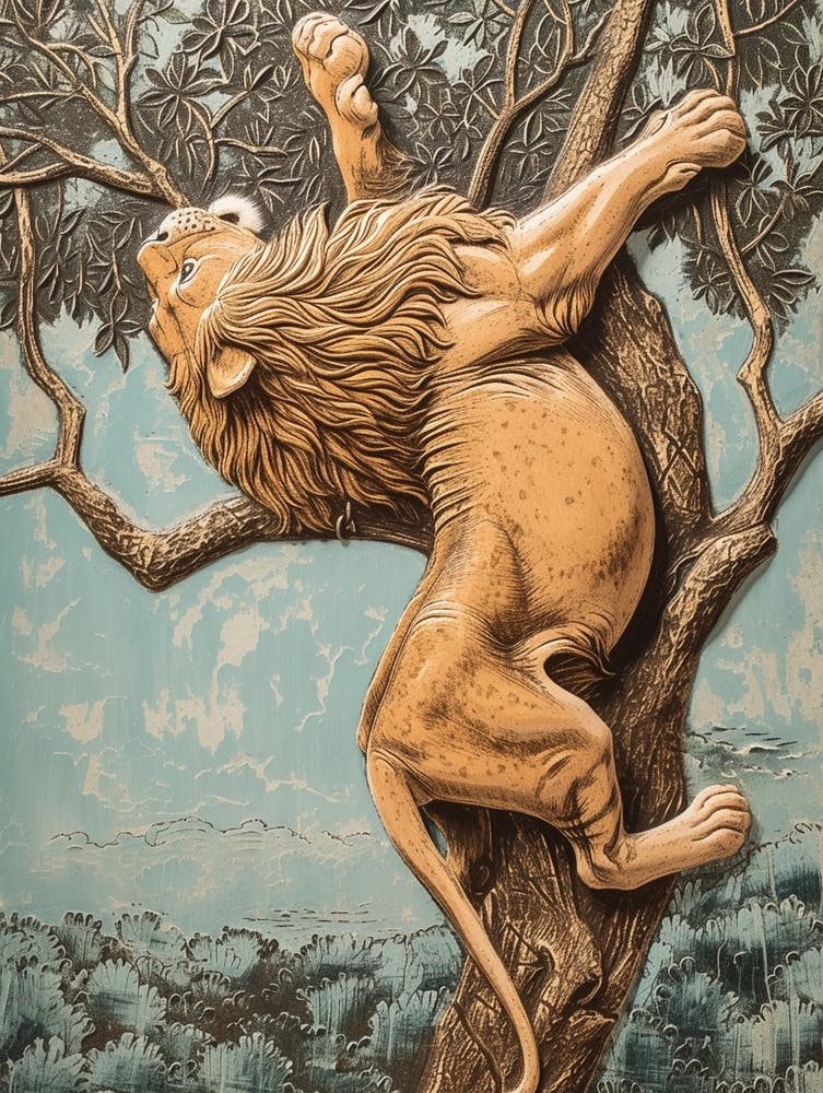 African Lion Relief Illustration Climbing A Tree 2