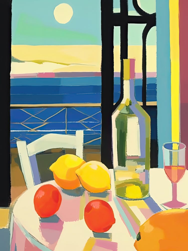 Painting Of A Lemons And Wine, Frenchch Riviera View, Checkered Cloth, Matisse Style 6