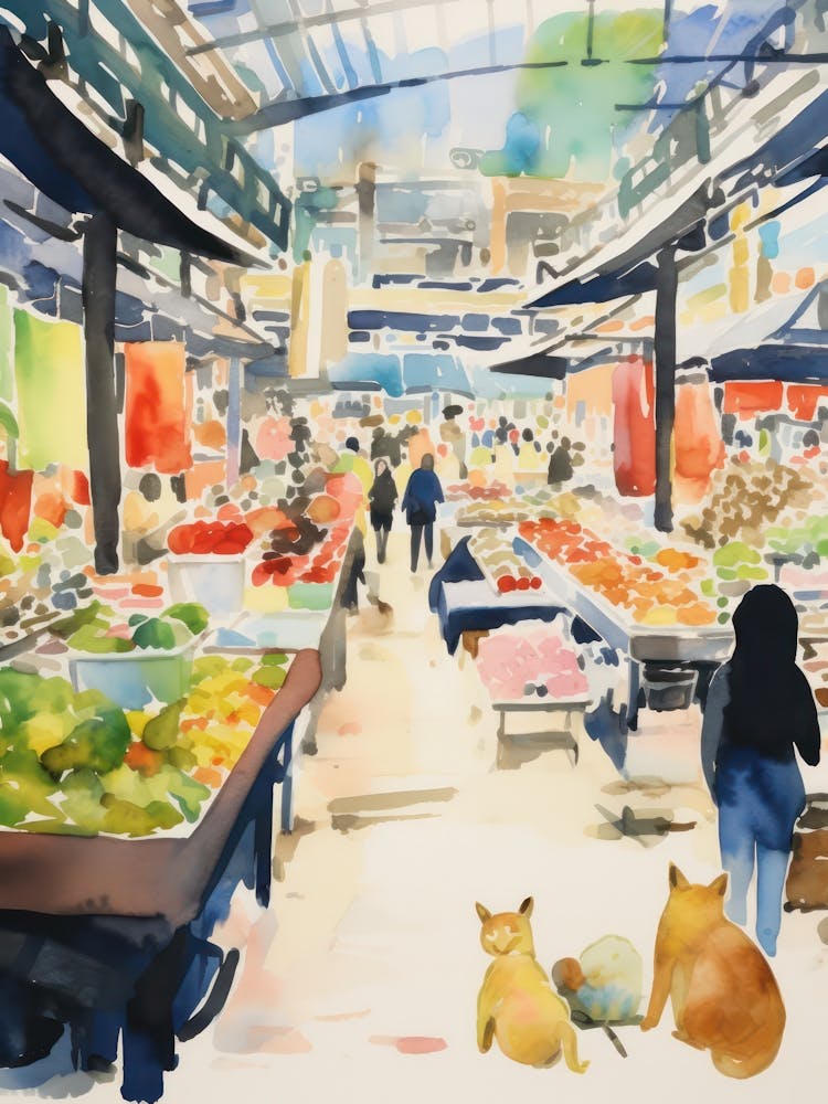 Food Market With Cats In Tokyo 1 Watercolour