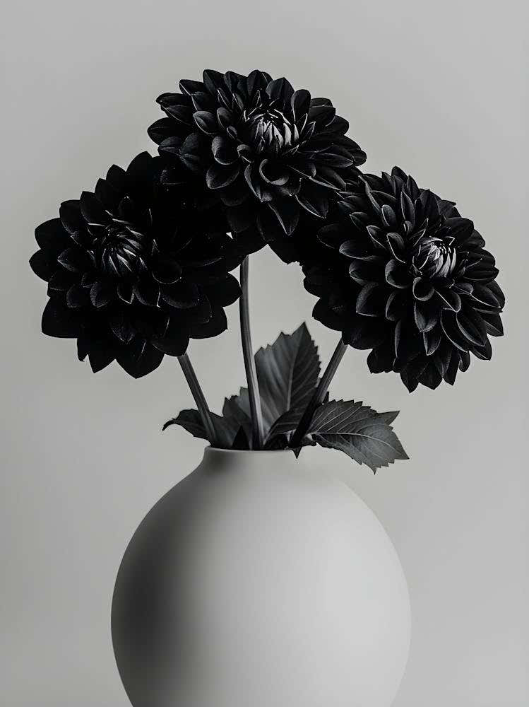 Black Dahlia Elegance - Minimalist Floral Art in White Vase