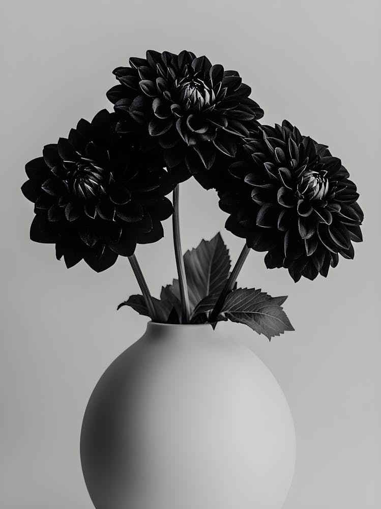 Black Dahlia Elegance - Minimalist Floral Art in White Vase