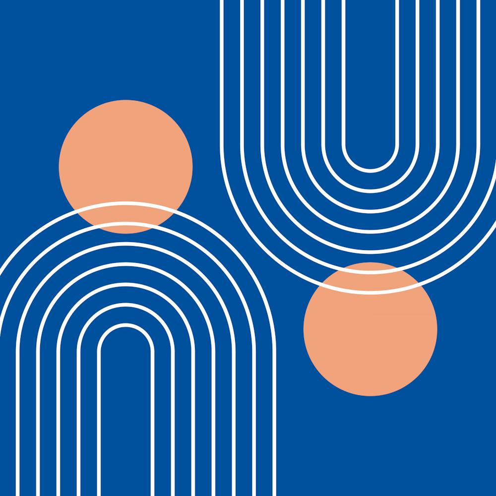 Mid Century Modern Geometric C28 In Royal Blue Peach (Rainbow And Sun Abstract) 02