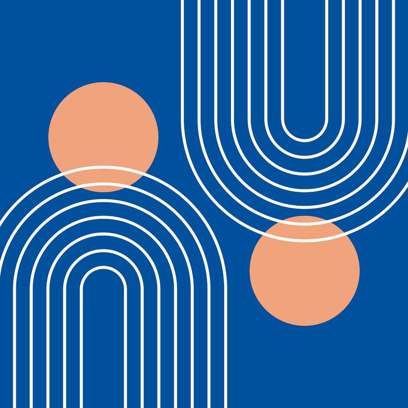 Mid Century Modern Geometric C28 In Royal Blue Peach (Rainbow And Sun Abstract) 02