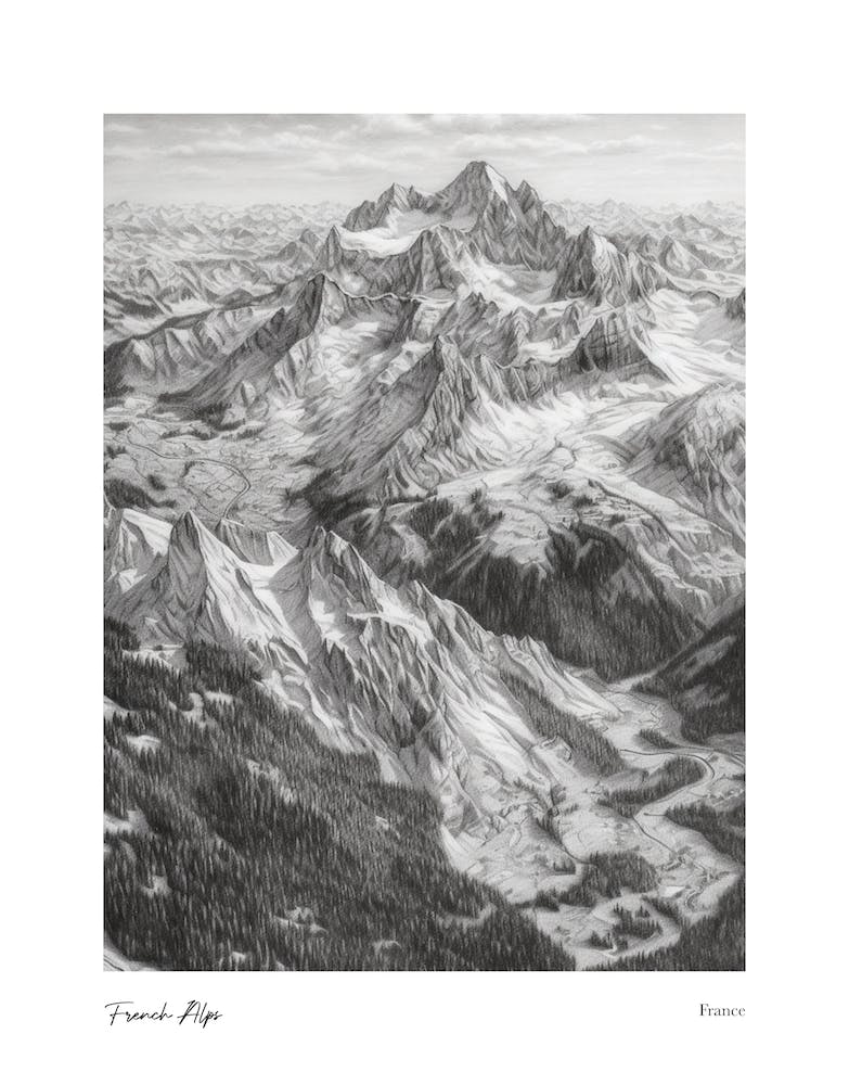 Französische Alpen Frankreich Bleistiftskizze 4 Aquarell-Reiseposter