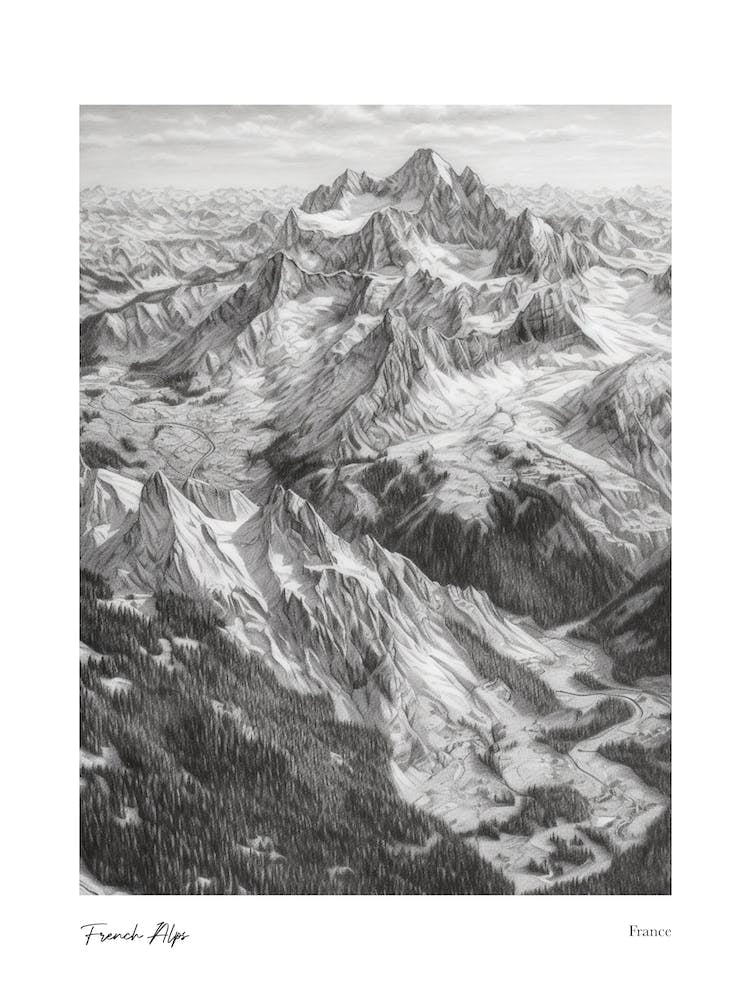 French Alps France Pencil Sketch 4 Watercolour Travel Poster