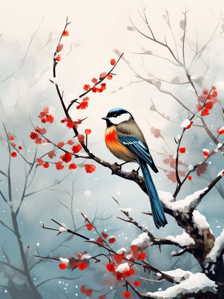 Lone Bird Perching On Snowy Branches 4