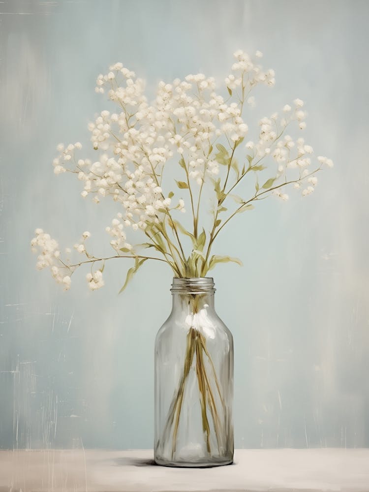 Ölgemälde Eines Einfachen Straußes Schleierkraut In Einer Vintage Glasflasche, erdtöne