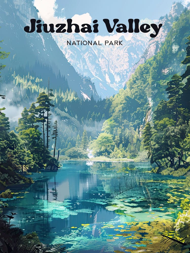 Jiuzhai Valley National Park Tibet Travel Art Illustration
