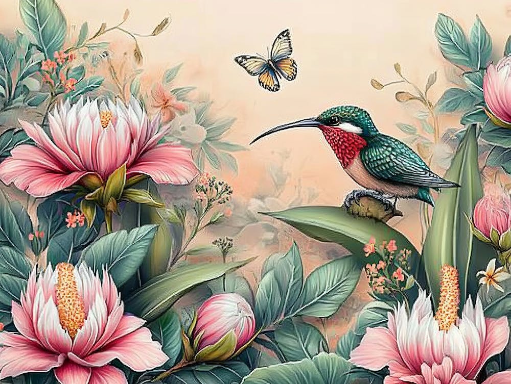 Vintage Tropical Background with Protea, Hibiscus Flowers, Leaves, Hummingbirds, Butterflies 1