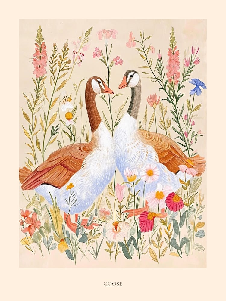 Folksy Floral Animal Drawing Goose 4 Poster