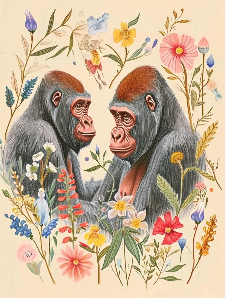 Folksy Floral Animal Drawing Gorilla
