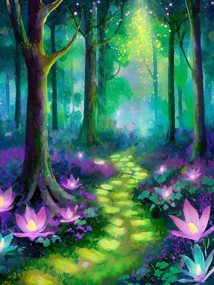 Enchanted Forest With Bioluminescent Plants