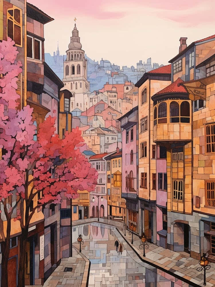 Bilbao Spain 3 Vintage Pink Travel Illustration