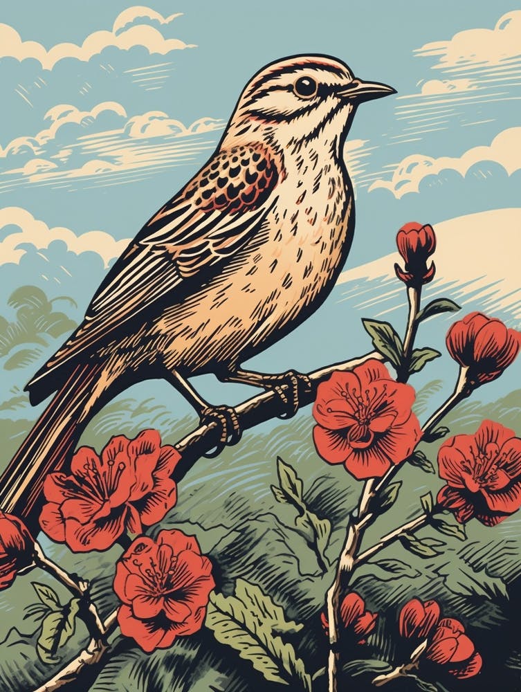 Linogravure d'oiseau vintage Alouette 3