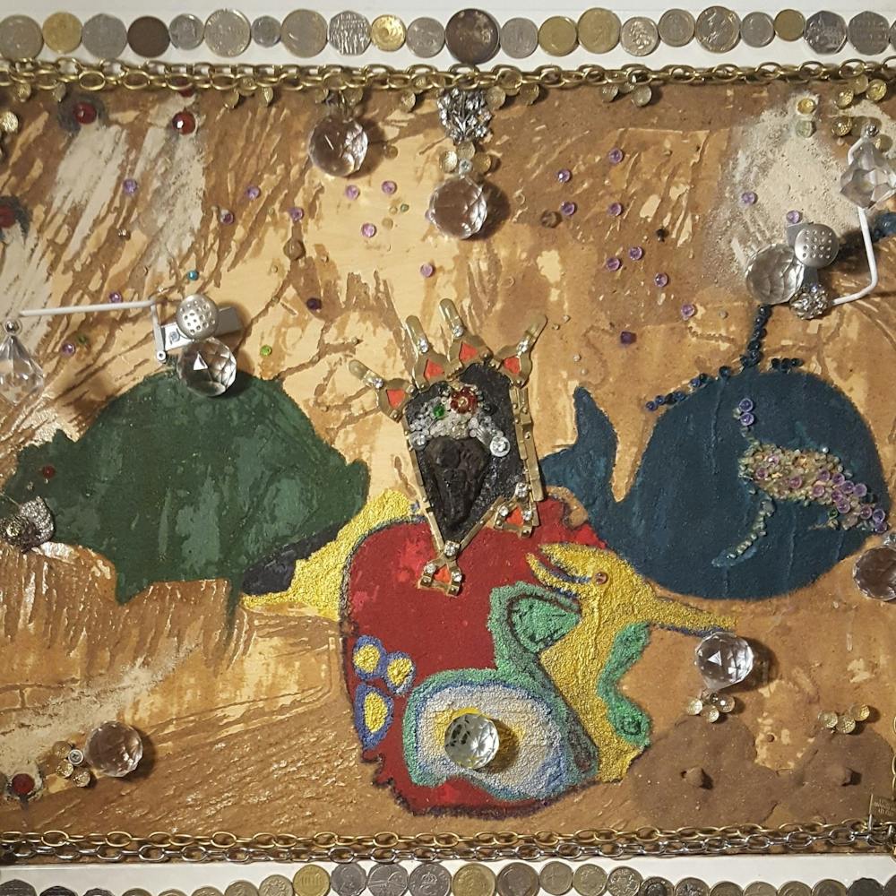 Ancient Head. Design in the world rarest material precious diamond gold meteorite ancient sculpture rarest collection of historical coins, Design in mixed media fully frame. Original art work by recozine design artists Trevor R Plummer by Queen Elizabeth 11 and the royal house of Windsor. ,