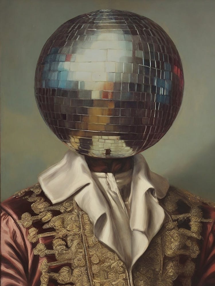 DiscoHead King, Surrealistic Disco Ball Maximalist Baroque Portrait