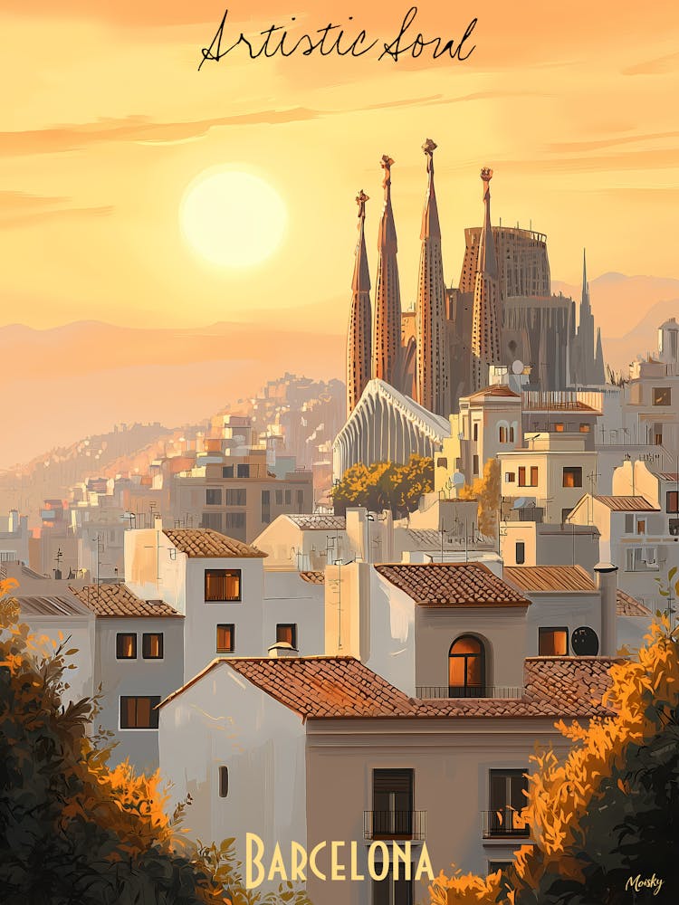 Barcelona, minimalist soft tones palette, watercolor poster