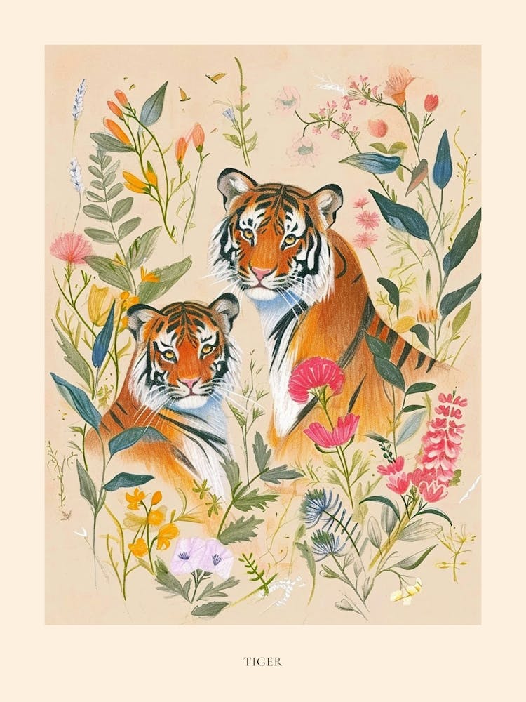 Folksy Floral Animal Drawing Tiger 4 Poster