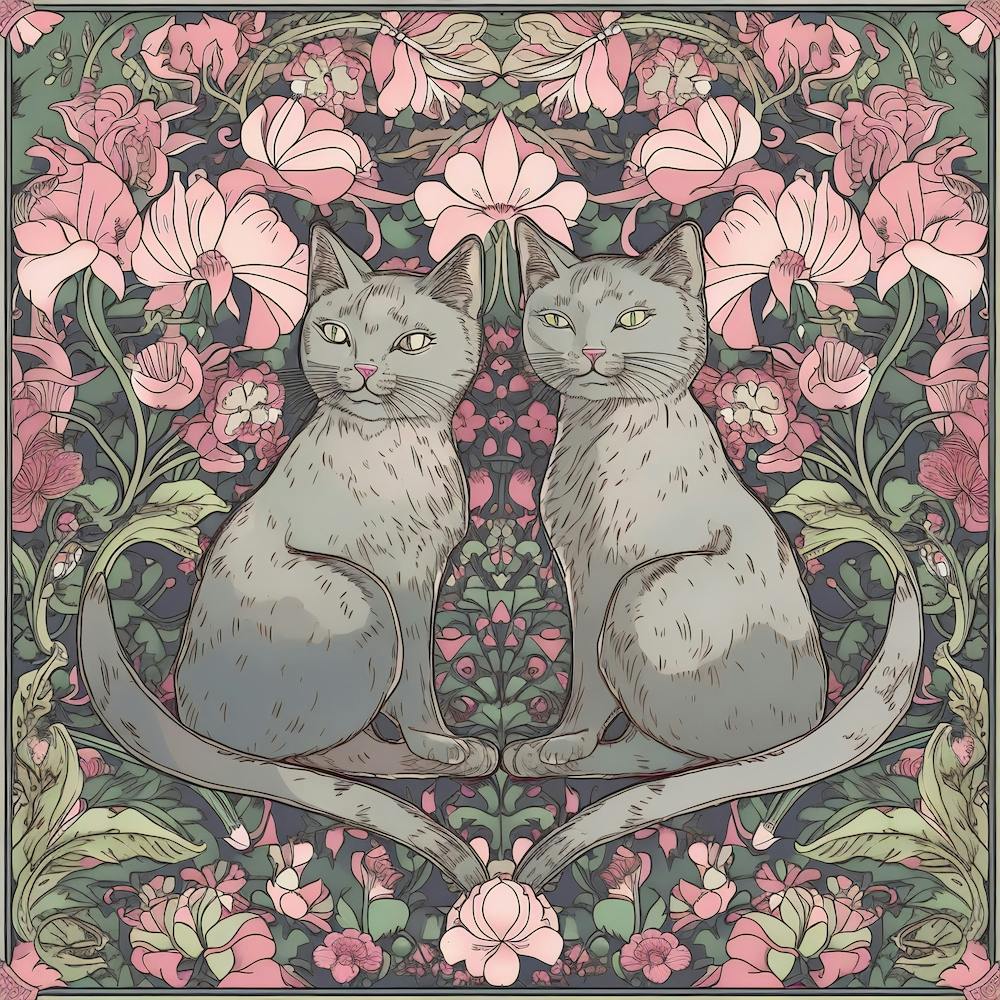 William Morris  Inspired  Classic Cats Grey Pink And Green Square