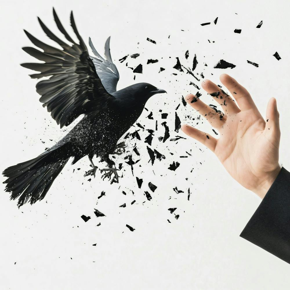 Corbeau s'envolant d'une main