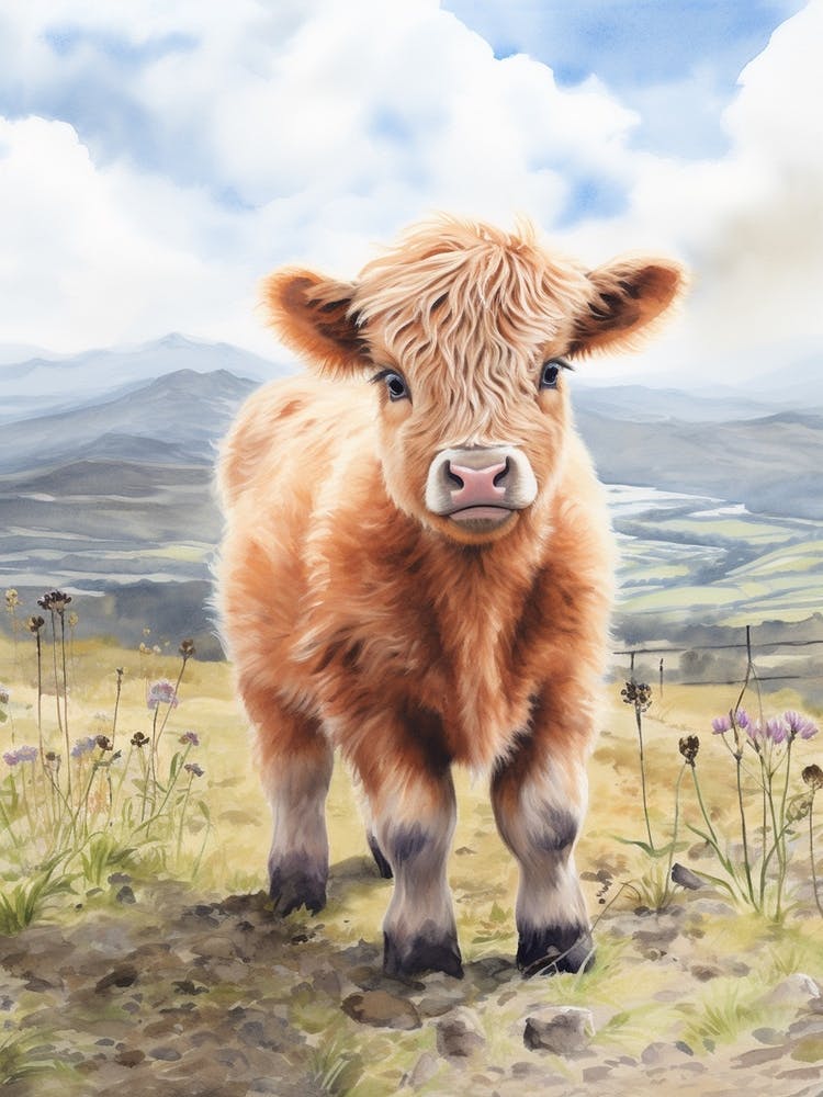 Cute Watercolour Portrait Of Highland Cow Calf 3