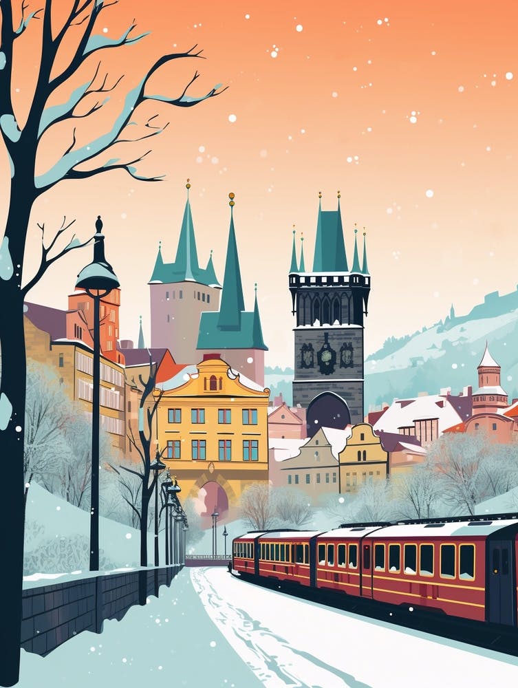 Vintage Winter Travel Illustration Prague Czech Republic 1