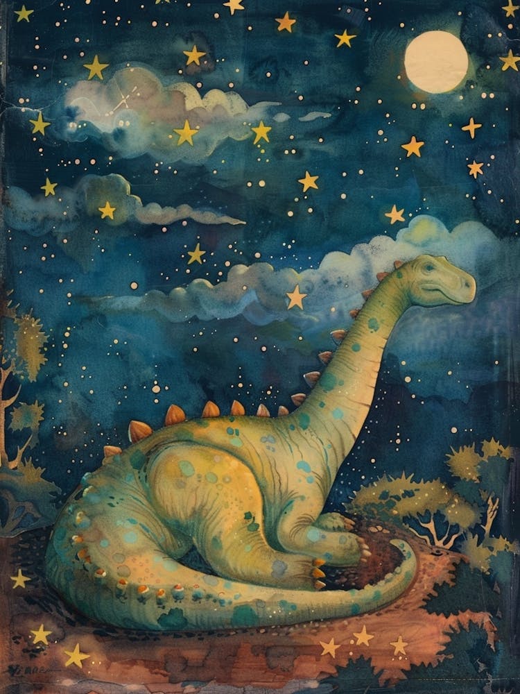 Dinosaur Sleeping Under The Stars Watercolour Storybook Painting 1