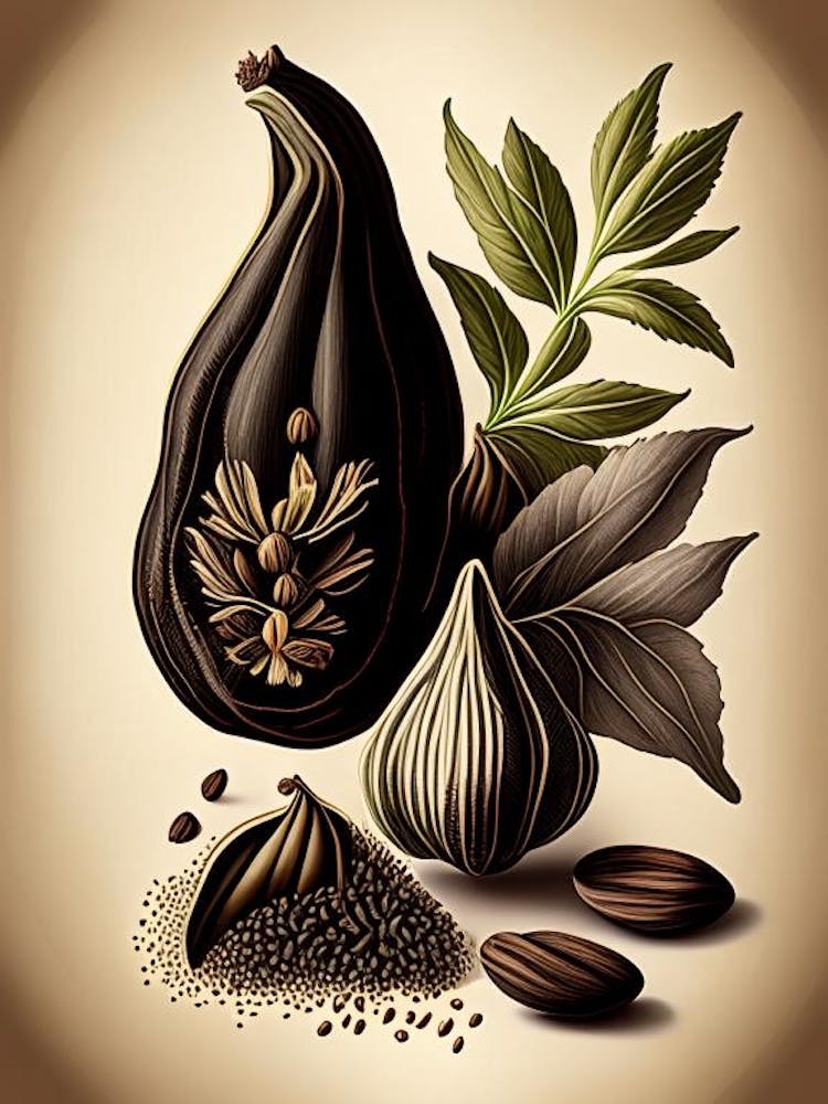 Black Cardamom Spices And Herbs Retro Drawing 1