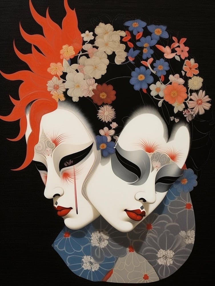 Noh Masks Japanese Style Illustration 7
