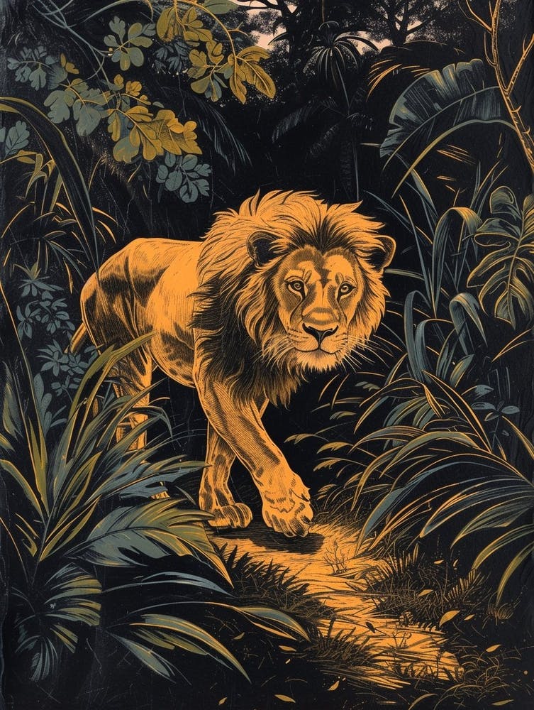 African Lion Relief Illustration Night Hunt 3