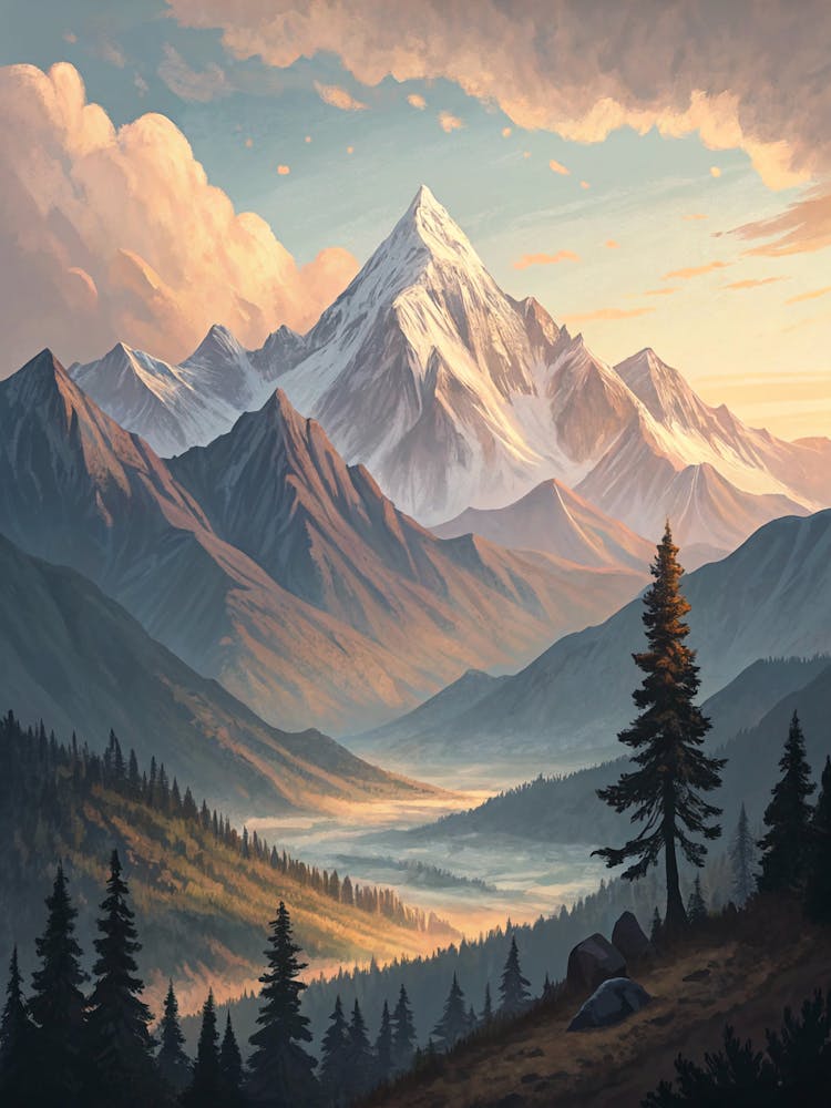 Oil Painting Style Mountain Scene With Minimalist