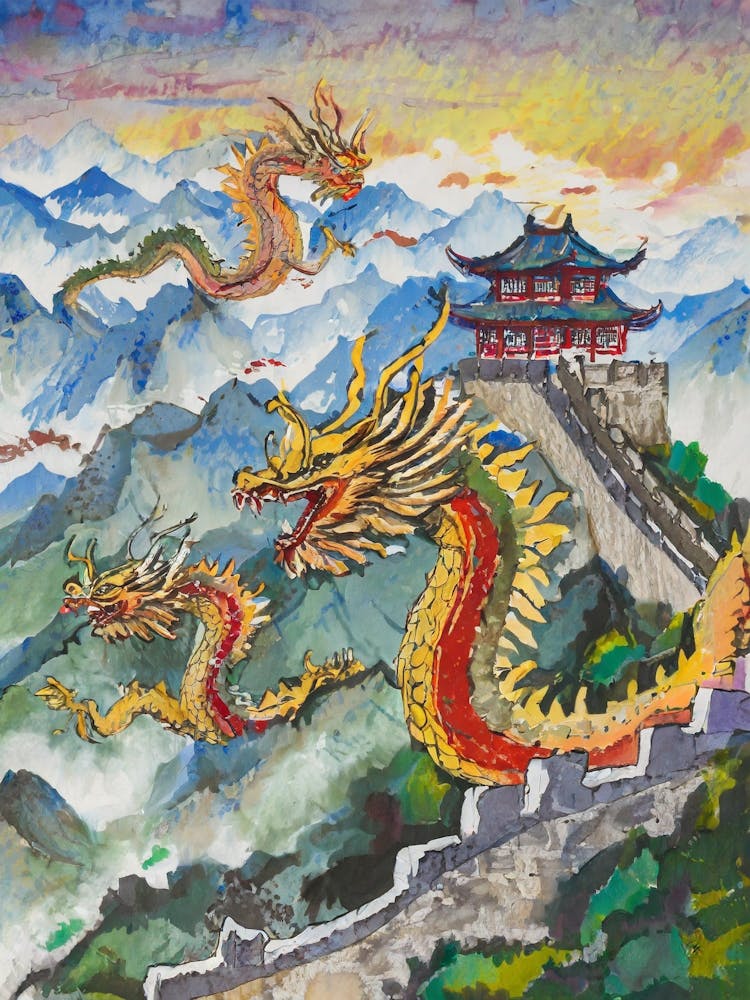 Mythical Chinese Dragons Flying Over The Great Wall Of China