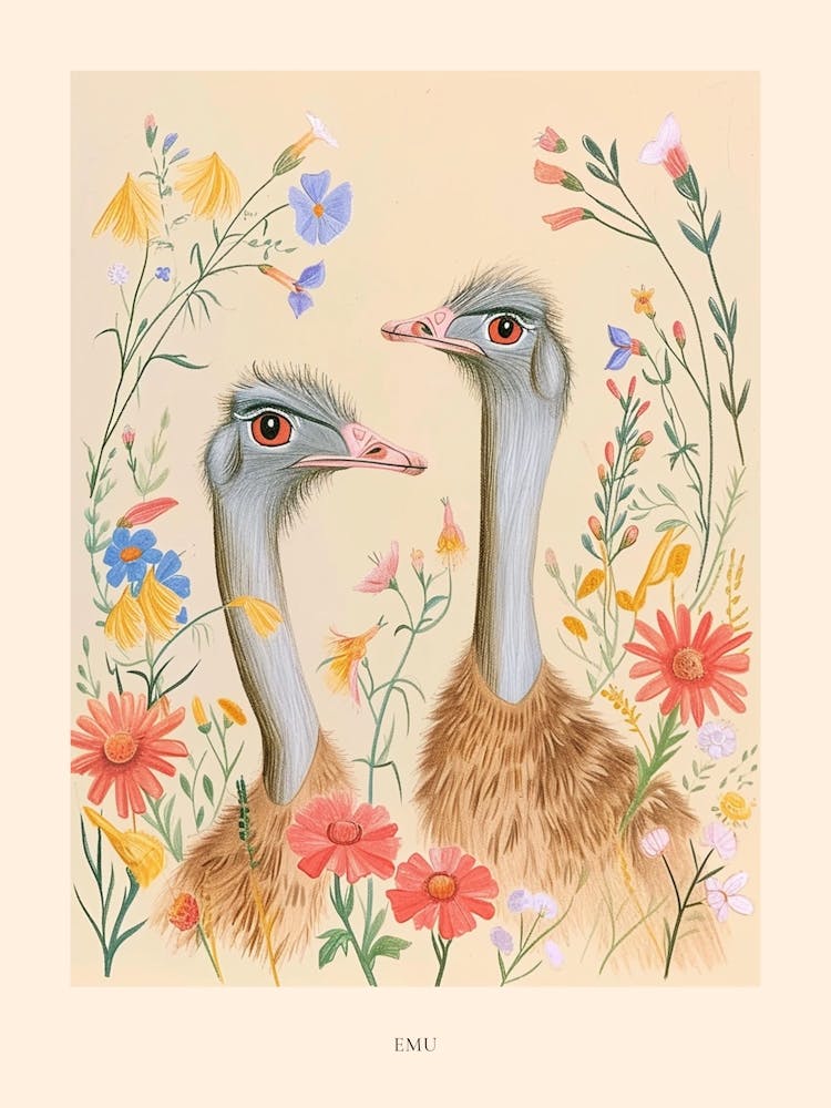 Folksy Floral Animal Drawing Emu Poster