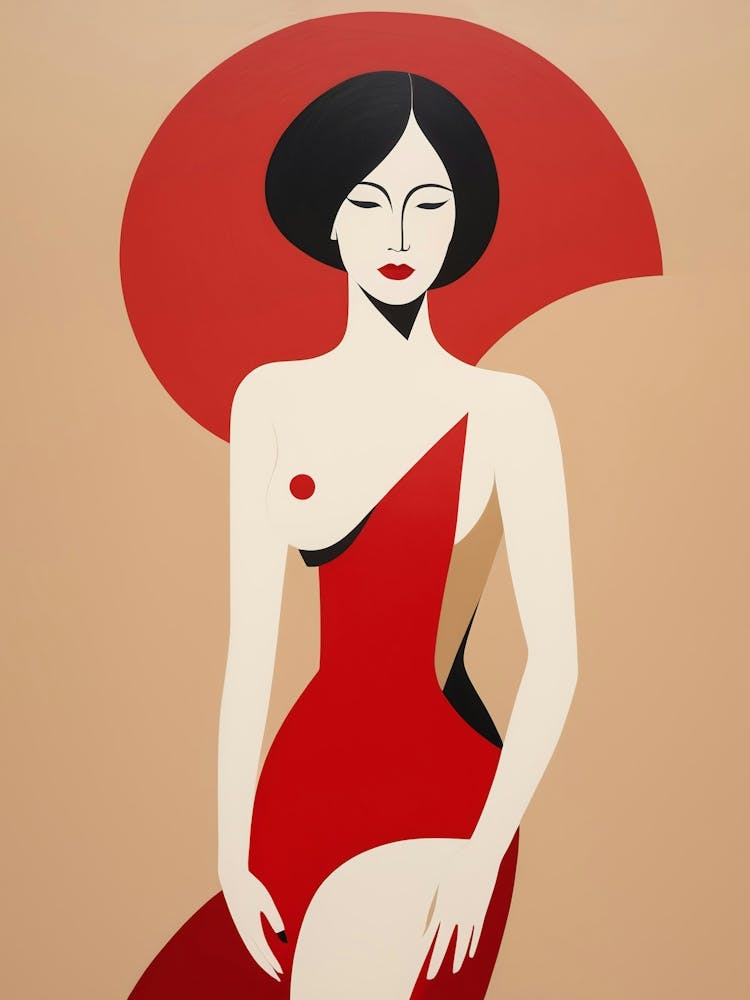 Asian Woman Abstract red and beige Art