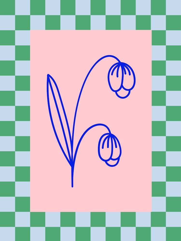 Modern Checkered Flower Poster Blue & Pink 13