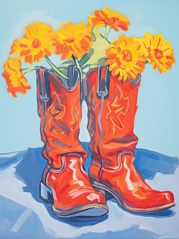 A Painting Of Cowboy Boots With Orange Flowers, Fauvist Style, Still Life 7