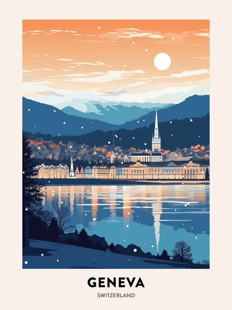 Winter Night  Travel Poster Geneva Switzerland 2