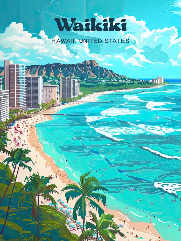 Waikiki Hawaii Beach Travel Illustration