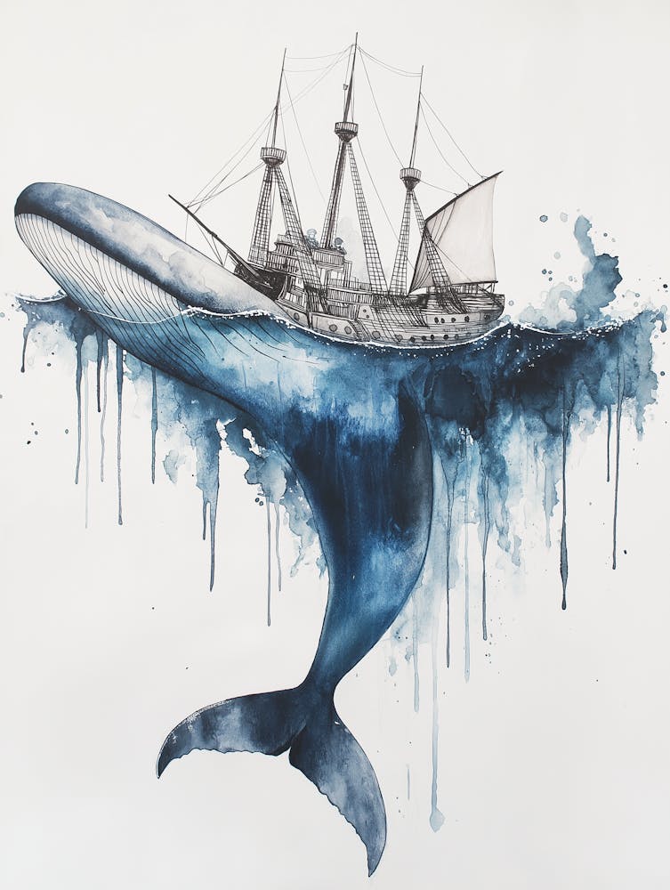 A Watercolor Painting Of A Whale With An Old Sailing Ship