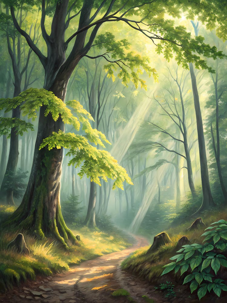 Oil Painting Style Misty Sunlit Forest Path