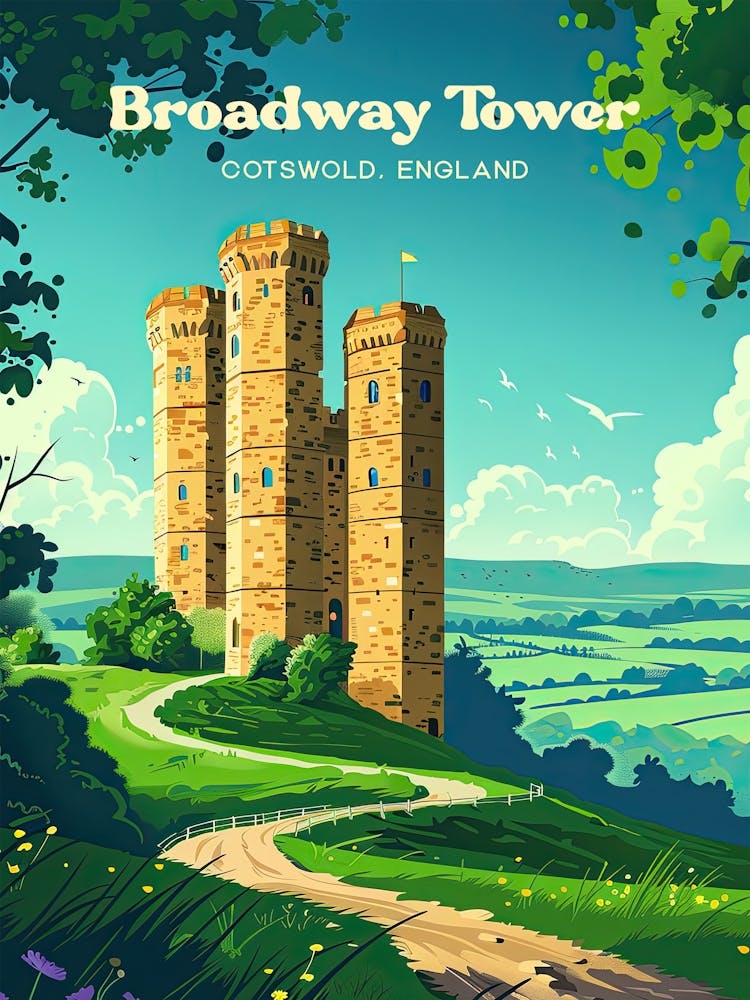 Broadway Tower Cotswold England Historical Digital Travel Illustration